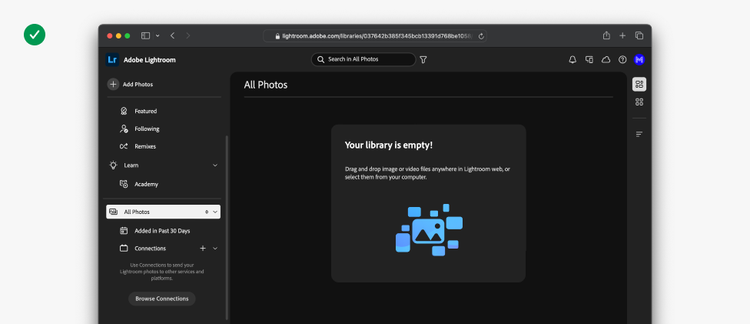 Adobe Lightroom interface showing an empty photo library with a prompt to drag and drop files. Sidebar menu and search bar visible.
