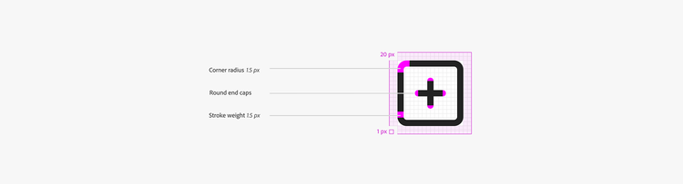 Diagram showing an example of corner radius and shape rounding. A 20 pixel icon canvas shows an Add icon. The corner radius of the icon is 1.5 pixels, includes rounded end caps, and has a stroke weight of 1.5 pixels.