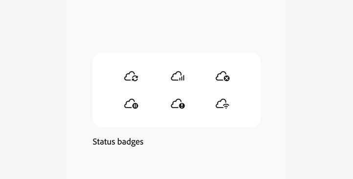 Six cloud icons representing status badges: syncing, analytics, error, paused, warning, and connectivity, arranged in two rows.