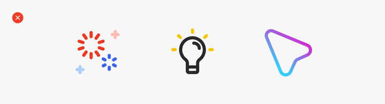 Example of the incorrect way to use color in linear illustrations. A collection of 3 linear illustrations that all use various colors and gradients, when they should only be monotone.