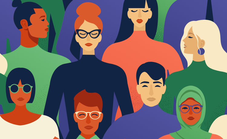 Semi-abstract illustration of ethnically diverse men and women wearing modest clothing.