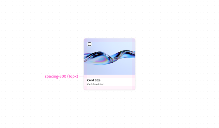 Card component example with checkbox, abstract wavy image, title and description text, showing spacing-300 (16px) padding measurement indicated by dotted line on the left.