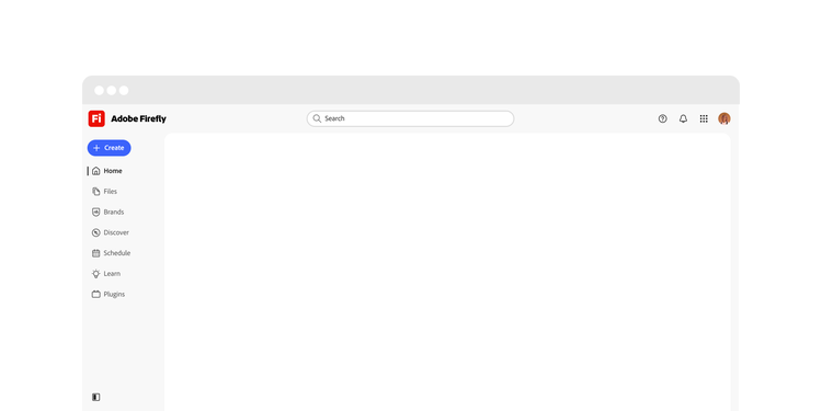 Adobe Firefly app interface showing left sidebar with navigation menu items (Home, Files, Brands, Discover, Schedule, Learn, Plugins) and a Create button, plus top header with search bar and utility icons.