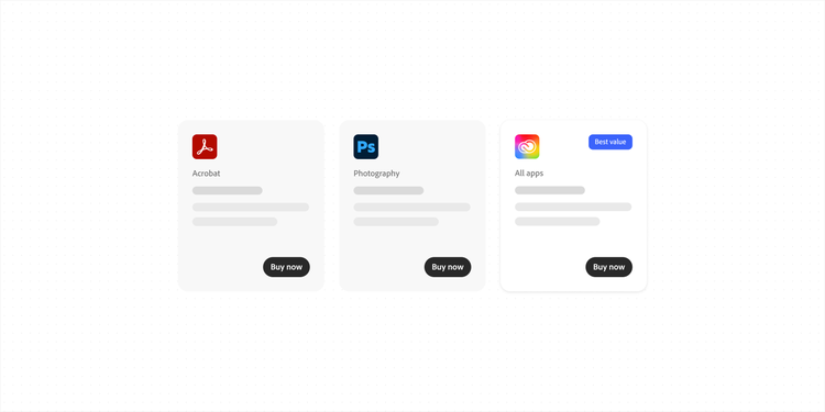 Three app product cards displaying Acrobat, Photography, and All apps with icons, pricing placeholders, and Buy now buttons, with the All apps card highlighted by a "Best value" badge.