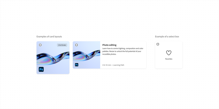 UI components showing examples of card layouts for a Photoshop photo editing course on the left with multiple card variations, and a select box component example on the right featuring a checkbox and favorites heart icon.