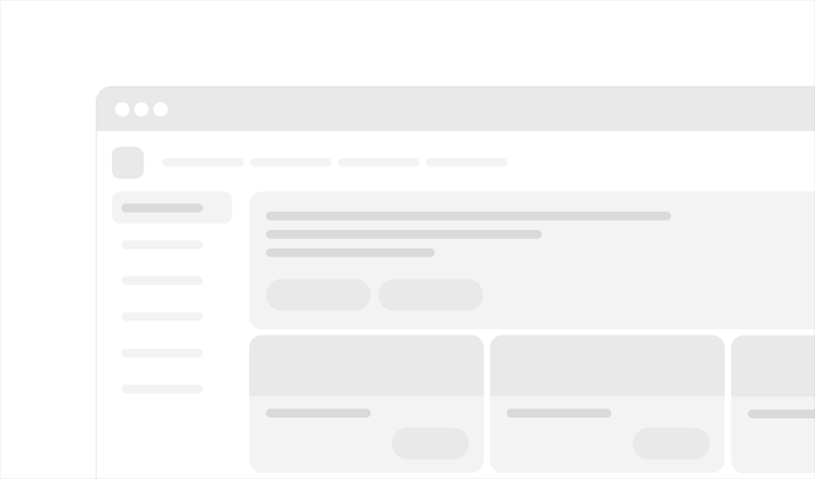Grayscale wireframe mockup of a webpage or app interface with a top navigation bar, a profile icon and menu tabs, a left sidebar list, and a highlighted content panel with text lines and two buttons.