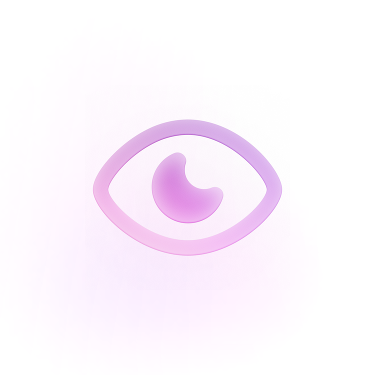 Stylized 3D icon of an eye with a purple-to-pink gradient, featuring a simplified almond-shaped outline and a comma-shaped iris, on a soft white background.