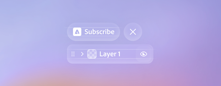 Frosted-glass style UI mockup on a purple-to-peach gradient background, showing a "Subscribe" button with an app icon, a close (X) button, and a layer panel row labeled "Layer 1" with a drag handle, expand arrow, thumbnail, and visibility eye icon.