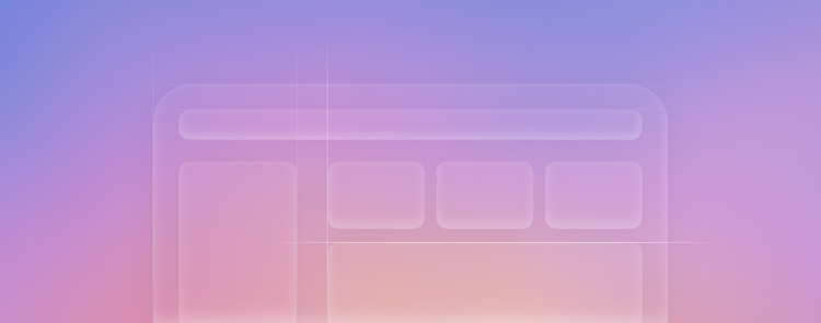 Faint, ghosted wireframe of a dashboard-style UI layout with a top navigation bar, a tall left sidebar panel, three smaller square panels, and a wide content area below, overlaid on a soft purple-to-peach gradient background.