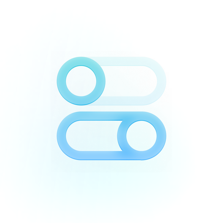 Stylized 3D icon of two toggle switches stacked vertically in a blue gradient—the top toggle shown in the off position and the bottom toggle shown in the on position.