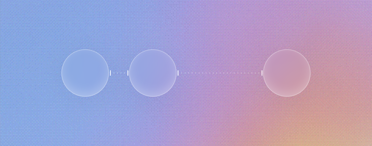 Three translucent circles connected by dotted lines with small tick marks, spaced progressively farther apart from left to right, over a blue-to-pink-to-orange gradient background.