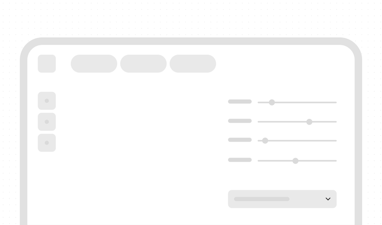 Grayscale wireframe mockup of an application interface showing a top navigation bar with tabs, a left sidebar with icon buttons, and a right panel with four labeled sliders and a dropdown menu.
