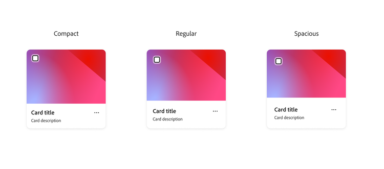 Three versions of the same gradient card component (purple-to-red-to-pink with "Card title" and "Card description") labeled "Compact," "Regular," and "Spacious," showing progressively larger card sizes and spacing.