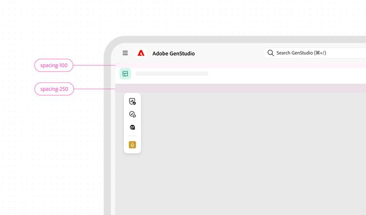 Screenshot of the Adobe GenStudio interface showing a top navigation bar with a search field, a green table icon with a loading placeholder bar, and a floating toolbar with icons for image approval, comment, "Cr," and a highlighted gold icon; two callouts label the horizontal bands as "spacing-100" and "spacing-250."