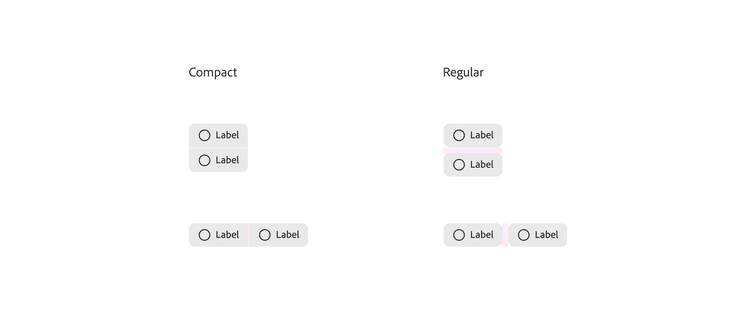 Two labeled radio button groupings compared side by side: "Compact" and "Regular," each showing a vertical pair and a horizontal pair of radio labels with a thin pink divider indicating the different spacing between them.