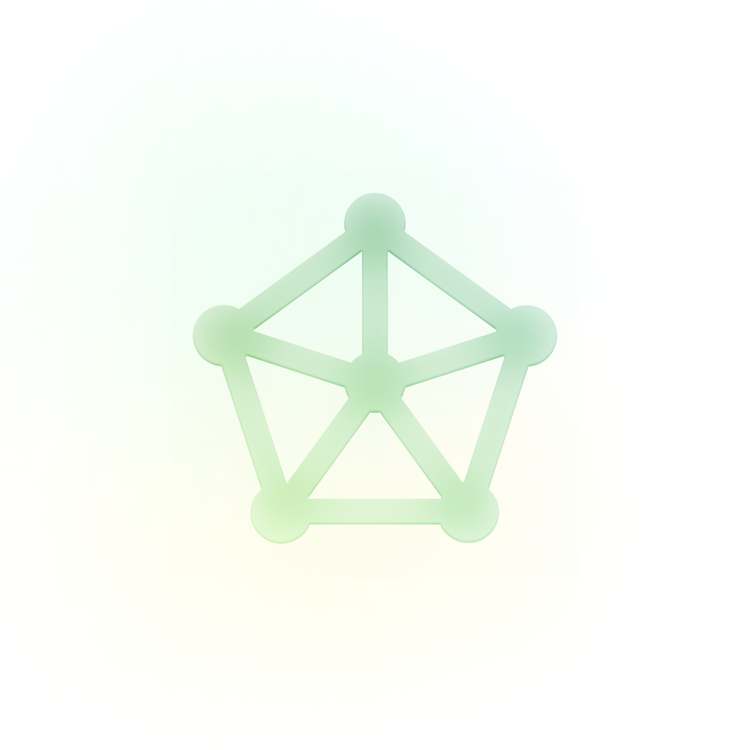 Stylized 3D icon of a pentagon shape made of glowing green connected nodes and lines, like a graph or network diagram, on a soft white background.