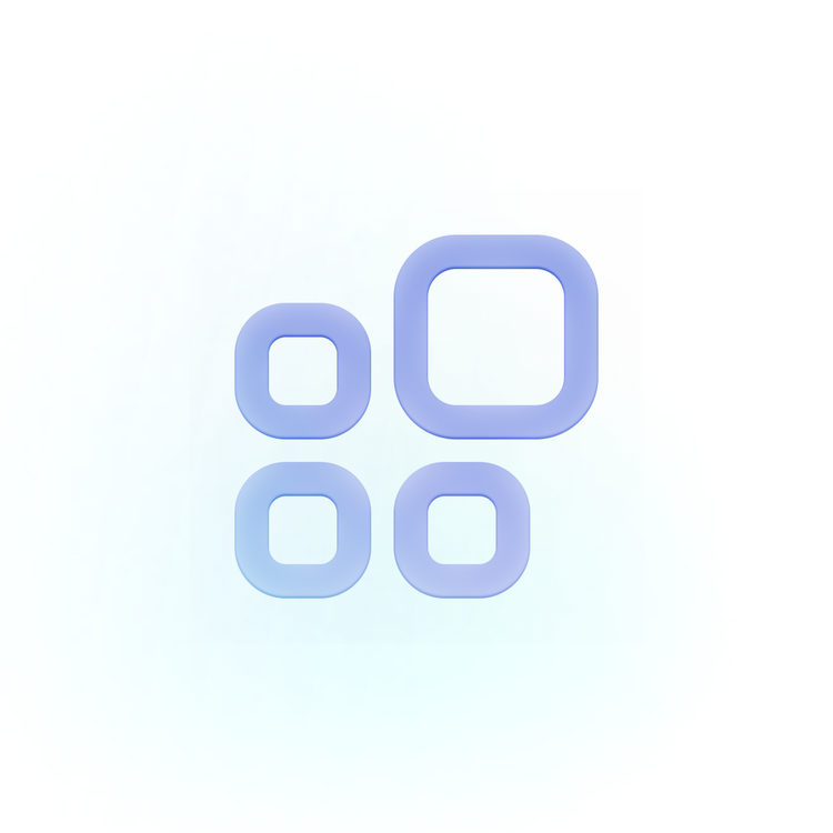 Stylized 3D icon of four rounded outline squares of varying sizes arranged in a 2x2 grid, in a blue-purple gradient, resembling an app grid or dashboard icon.
