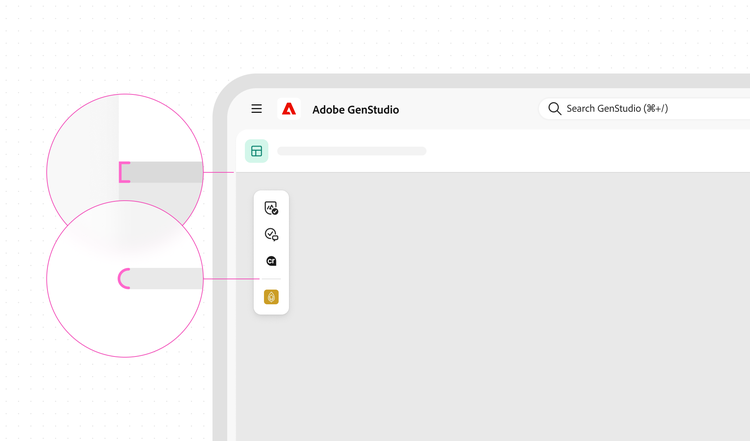 Adobe GenStudio interface with two magnified callouts comparing a rounded corner border end cap against a squared-off border end cap on a sidebar element.