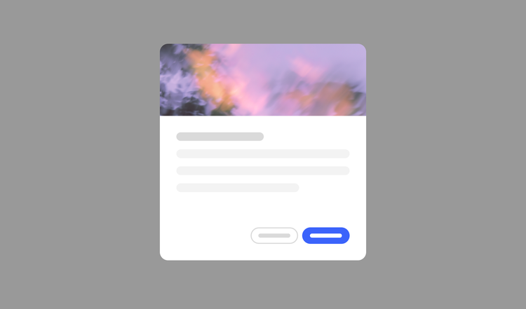 A card UI with an image header and placeholder text lines, shown with a drop shadow against a gray background to illustrate shadow overlay on a light surface.
