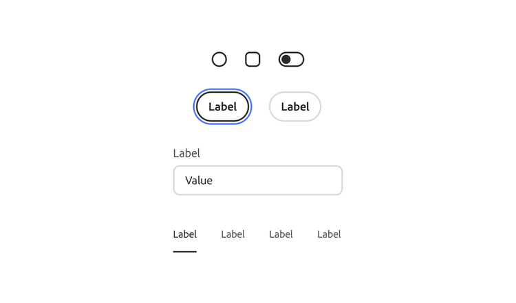 UI examples showing medium border widths: a radio button, checkbox, and toggle switch outline, a focused pill-shaped button with a blue border, an unfocused pill button, and a bordered text input field with label and value.