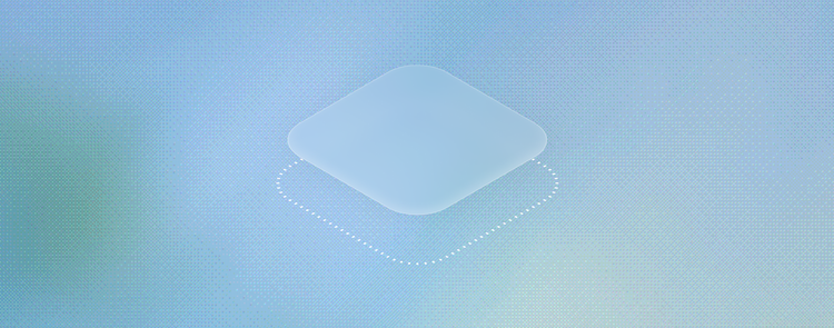 A light blue rounded diamond shape floating above a dotted outline, illustrating a soft drop shadow beneath an elevated element on a blue gradient background.