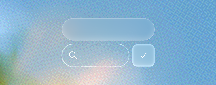 Three UI object style examples: a solid rounded pill shape, a search bar with dashed outline, and a rounded square button with a checkmark icon, shown against a soft gradient background.