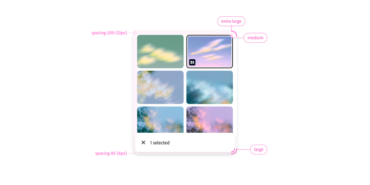 Photo gallery UI with a "1 selected" toolbar, annotated with corner radius tokens: extra-large and medium for image tiles, large for the selection toolbar, and spacing values of 12px and 6px.