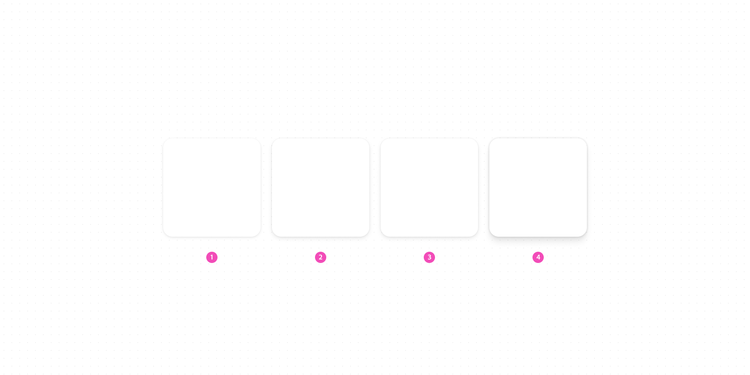 Four rounded white squares numbered 1 through 4 with progressively larger and softer drop shadows, illustrating a scale of shadow depth values.