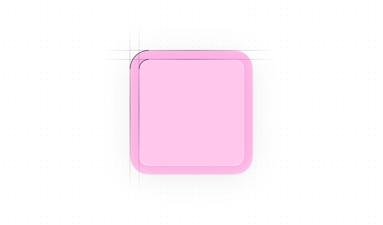 Static illustration of a pink rounded square with a black outline highlighting the nested outer and inner corner curves, used as the reduced-motion alternative to the concentric corners animation.