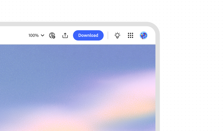 Close-up of an app toolbar with a bordered rounded container grouping a percentage dropdown, share icon, upload icon, and blue Download button, next to ungrouped icon buttons.