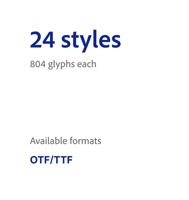 Typeface specs showing "24 styles" with 804 glyphs each, and available formats listed as OTF/TTF.