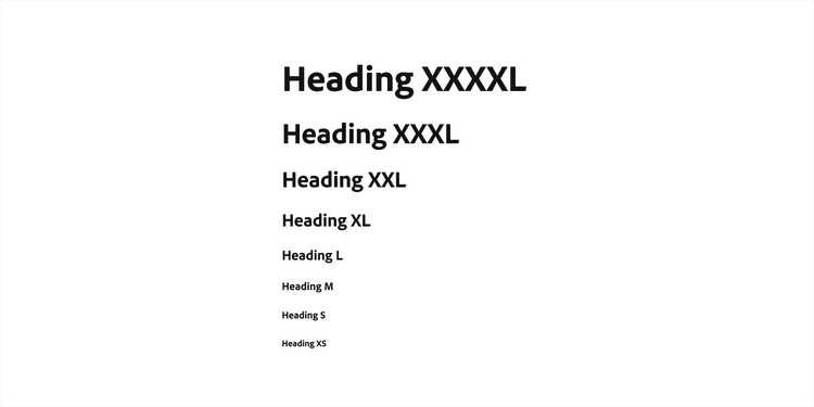 Web heading text style scale showing Heading XXXXL down to Heading XS in decreasing sizes.