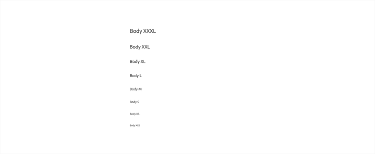 Web body text style scale showing Body XXXL down to Body XXS in decreasing sizes.