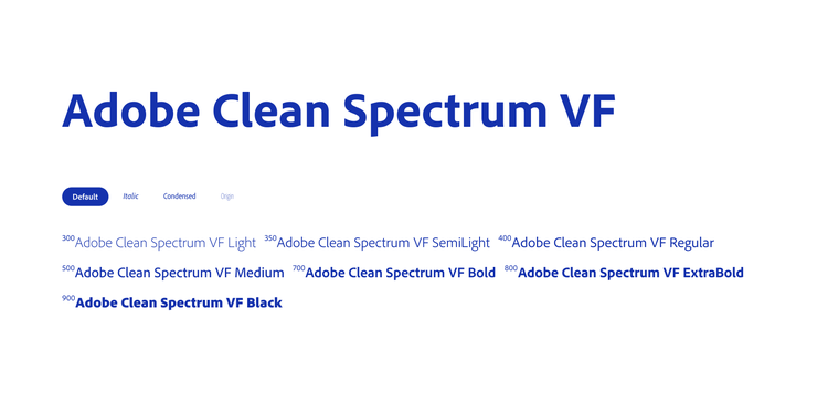 "Adobe Clean Spectrum VF" headline shown with style tabs (Default, Italic, Condensed, Origin) and a list of available weights from Light to Black.