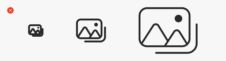 Example of incorrect way of using linear illustrations. Sizes and scales are not using the pre-determined standards, and are too large, too small, or their outlines are too thick or too thin.