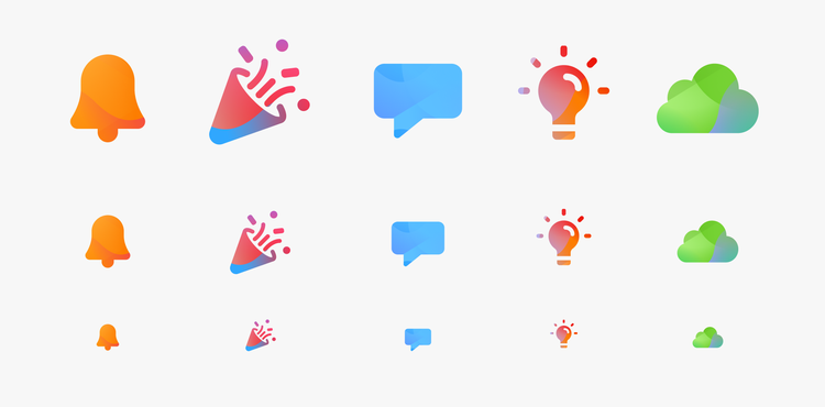 Five examples of different Spectrum 2 gradient illustrations in the three sizes, large, medium, and small. A notifications bell, a celebratory confetti popper, a comment bubble, a lit light bulb, and a cloud. All use various gradients that include colors like orange, red, blue, purple, and green.