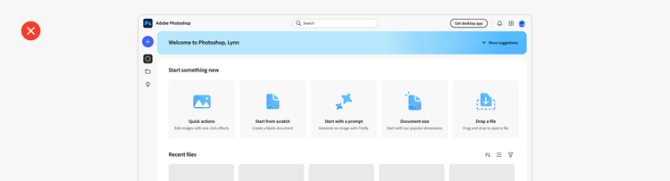 Photoshop welcome screen with options: Quick actions, Start from scratch, Start with a prompt, Document size, and Drop a file.