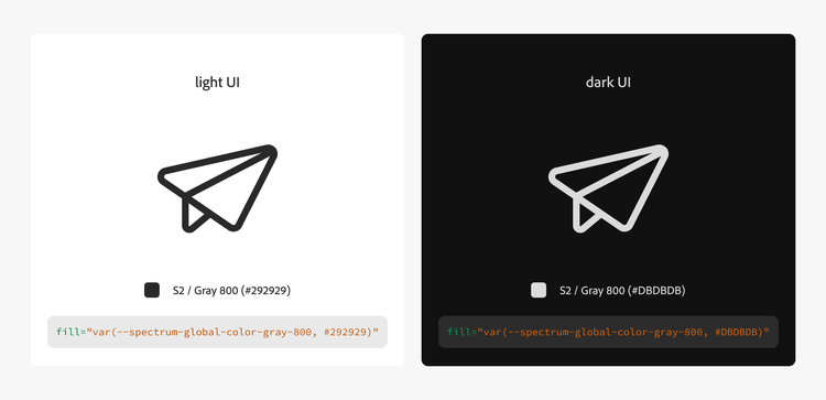 Example of the same linear illustration in light and dark UI, showing the color values and a snippet of the code block in the SVG asset that controls the fill color. In light UI, a paper airplane illustration uses the token Gray 800, hex 292929. In dark UI, it uses Gray 800, hex DBDBDB.