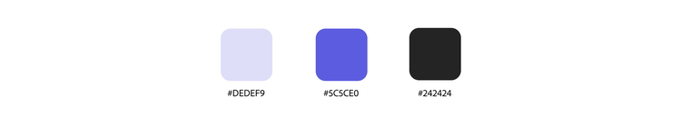 Three colored squares with hex codes: light purple (#DEDEF9), blue (#5C5CE0), and black (#242424) displayed in a row.