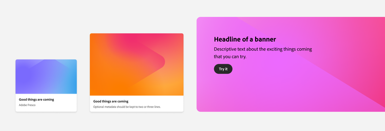 Examples of components that use gradient fills. A smaller card, a medium sized card, and a large banner, all with sample text.