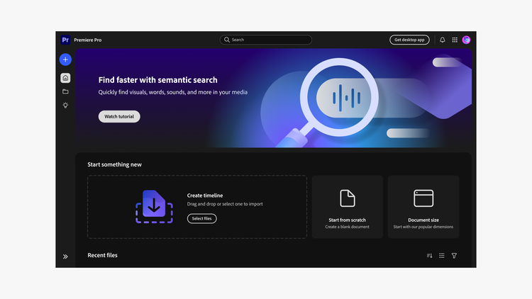 Premiere Pro UI with semantic search banner, "Start something new" options for timeline, blank document, and preset dimensions.