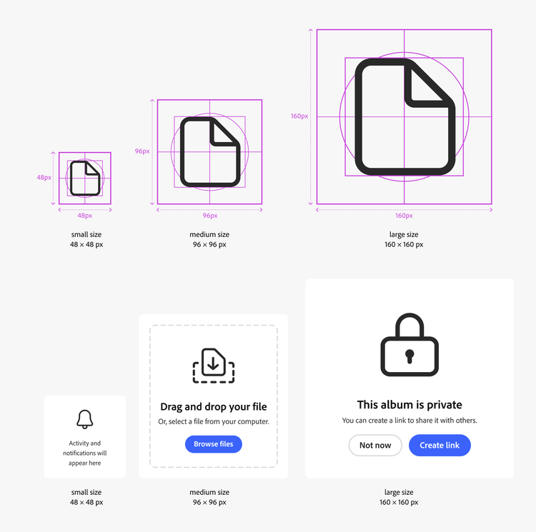 Comparison of the three different sizes of the linear illustrations, and examples of those same sizes in different components: empty states and a drag and drop state.