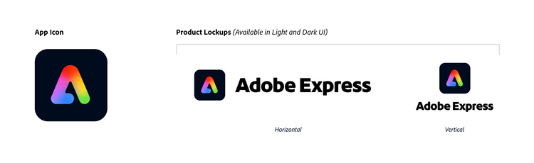 "Adobe Express branding with colorful 'A' app icon and text lockups shown in horizontal and vertical orientations."
