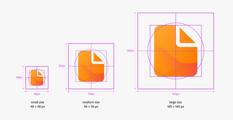 Diagram comparing the three different sizes of the gradient illustrations, small, medium, and large, and their pixel measurements.
