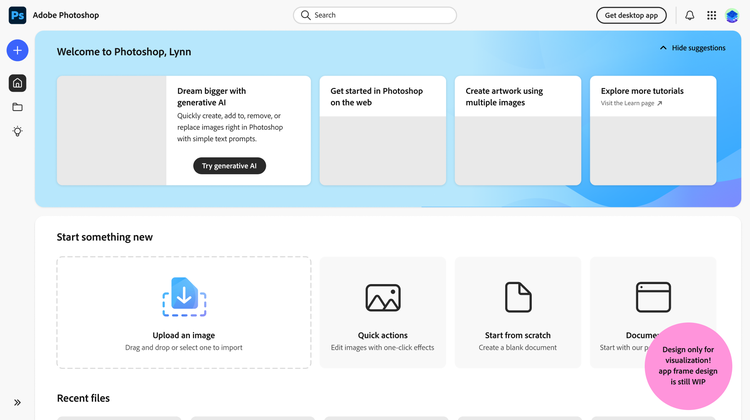 Photoshop web interface with options to upload images, quick actions, start from scratch, and tutorials. Blue header highlights AI tools.