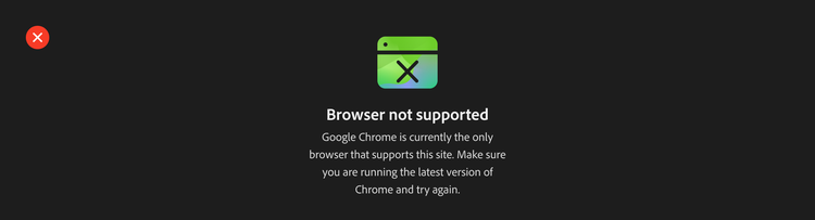 Example of an incorrect way to use a gradient illustration. An error message alongside with a gradient illustration to supplement the text. The illustration uses a green gradient, which doesn’t match what it’s communicating in the text. Text, Browser not supported. Google Chrome is currently the only browser that supports this site. Make sure you are running the latest version of Chrome and try again.
