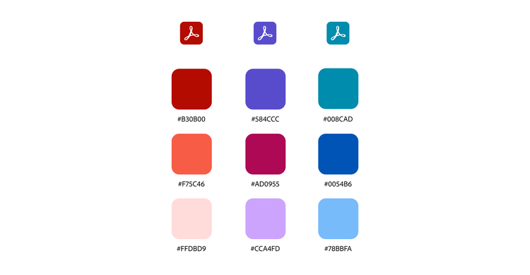 Grid of color swatches with hex codes, featuring Adobe Acrobat icons in red, purple, and teal at the top row.