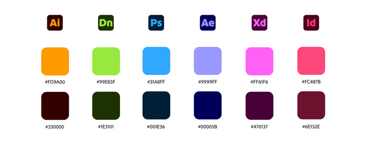 Color palette grid with Adobe app icons (Ai, Dn, Ps, Ae, Xd, Id) above corresponding color swatches and hex codes.