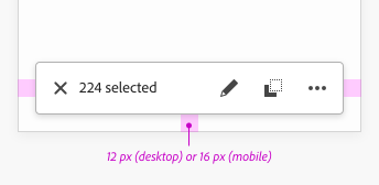 Image illustrating the bottom justified position of the action bar with 12 pixel margins on both sides and from the bottom for desktop, or 16 pixel margins on both sides for mobile.