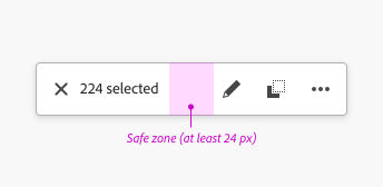 Image illustrating an action bar with safe zone of at least 24 pixels in between the item counter and the action group.
